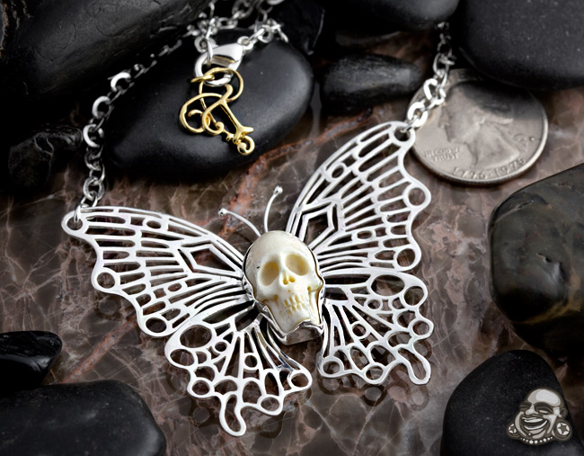 White Metal Butterfly With Bone Skull Necklace