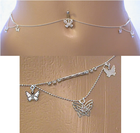Gold Butterfly Belly Chain - Layered Rhinestone Body Jewelry For Women