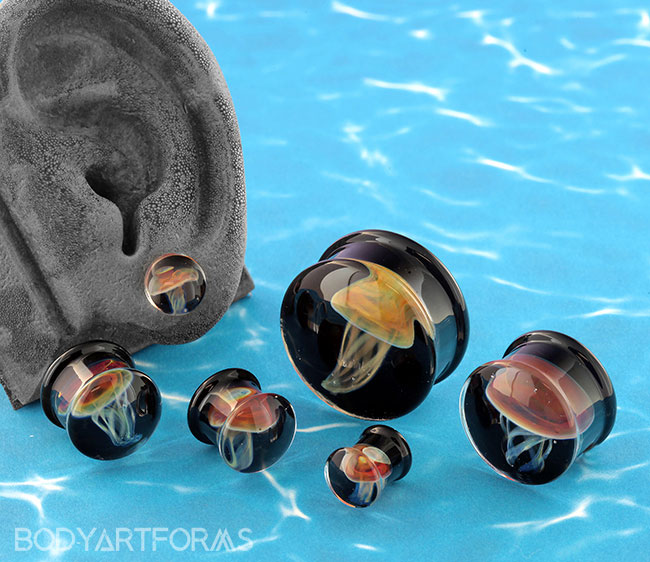 Pyrex Glass Jellyfish Double Flare Black Back with Sparkles Background Tunnel Plugs