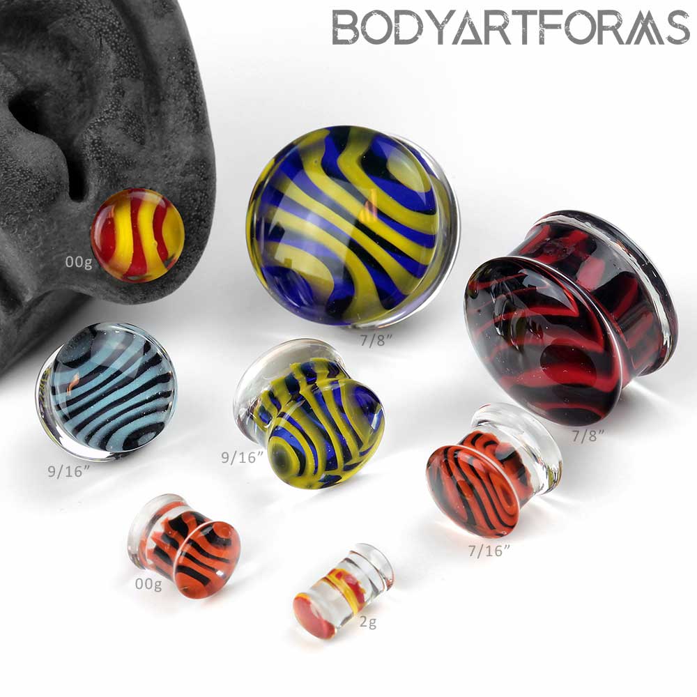 Pair of Glass Double Flared Tiger Stripes Plugs 3//4 Red-Yellow
