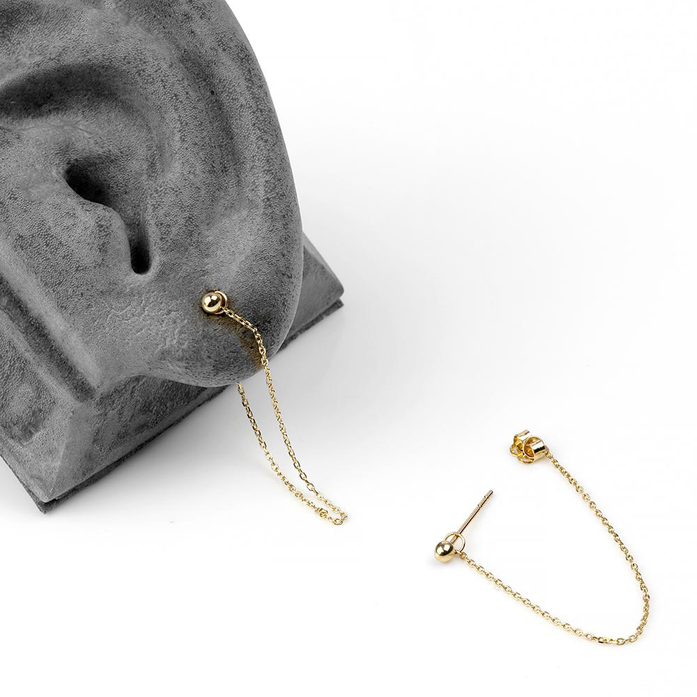 14K Gold Ball Earring with Chain