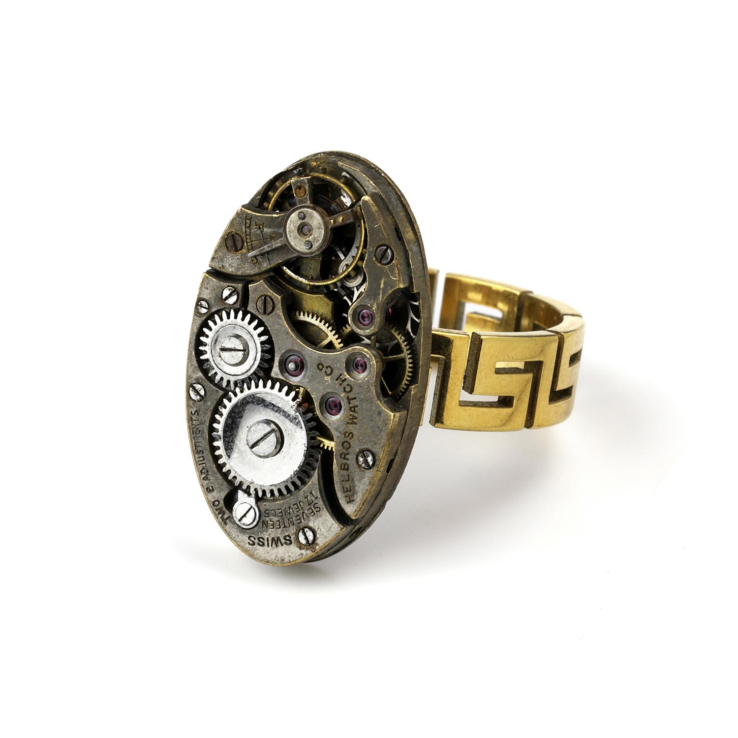 Metal Clock Rings Mixed Meandrous Clockwork Brass Ring With Stone