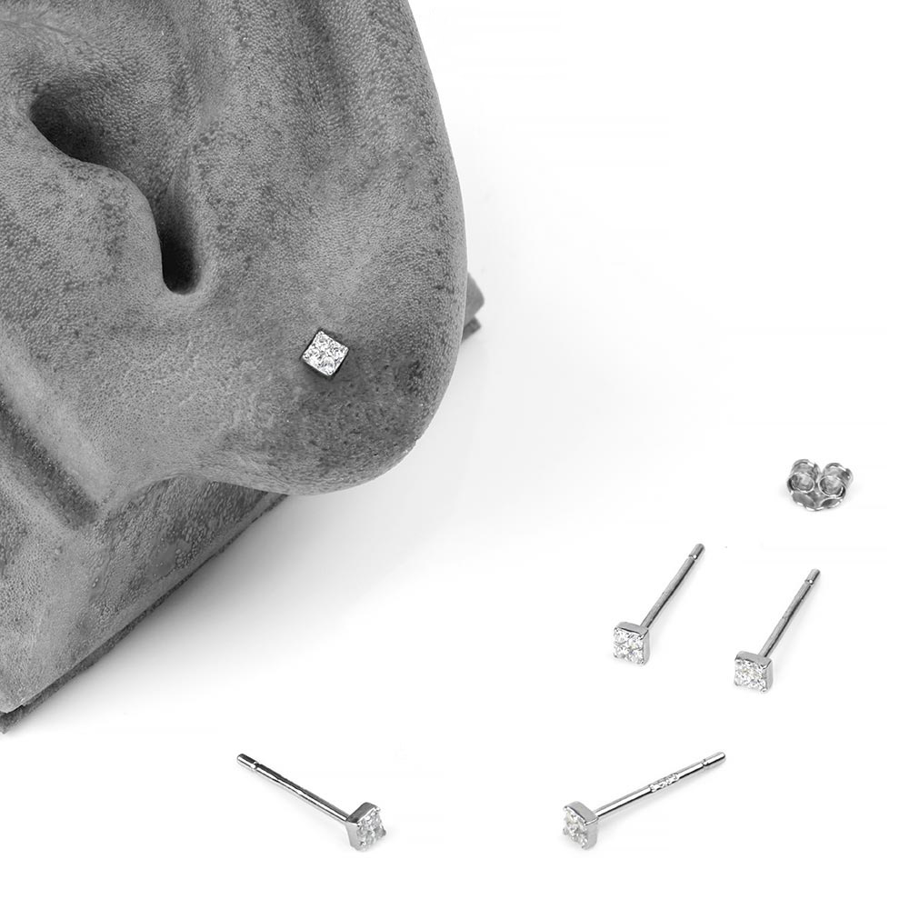 Silver Gemmed Mini Square Stud Earrings