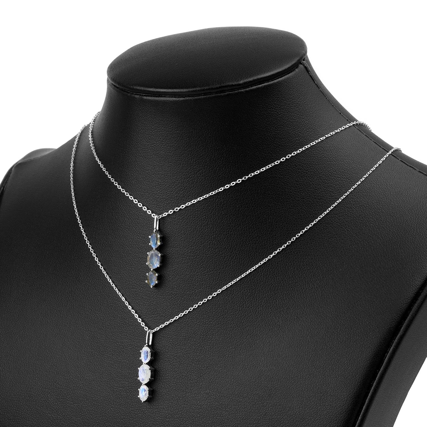 Silver And Stone Triple Drop Necklaces In Sterling Silver