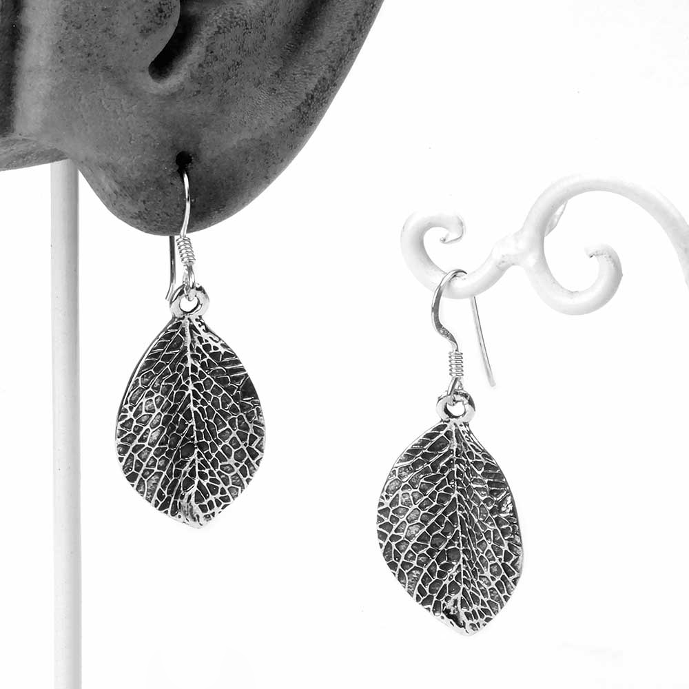 Textured Silver Dangle Leaf Earrings