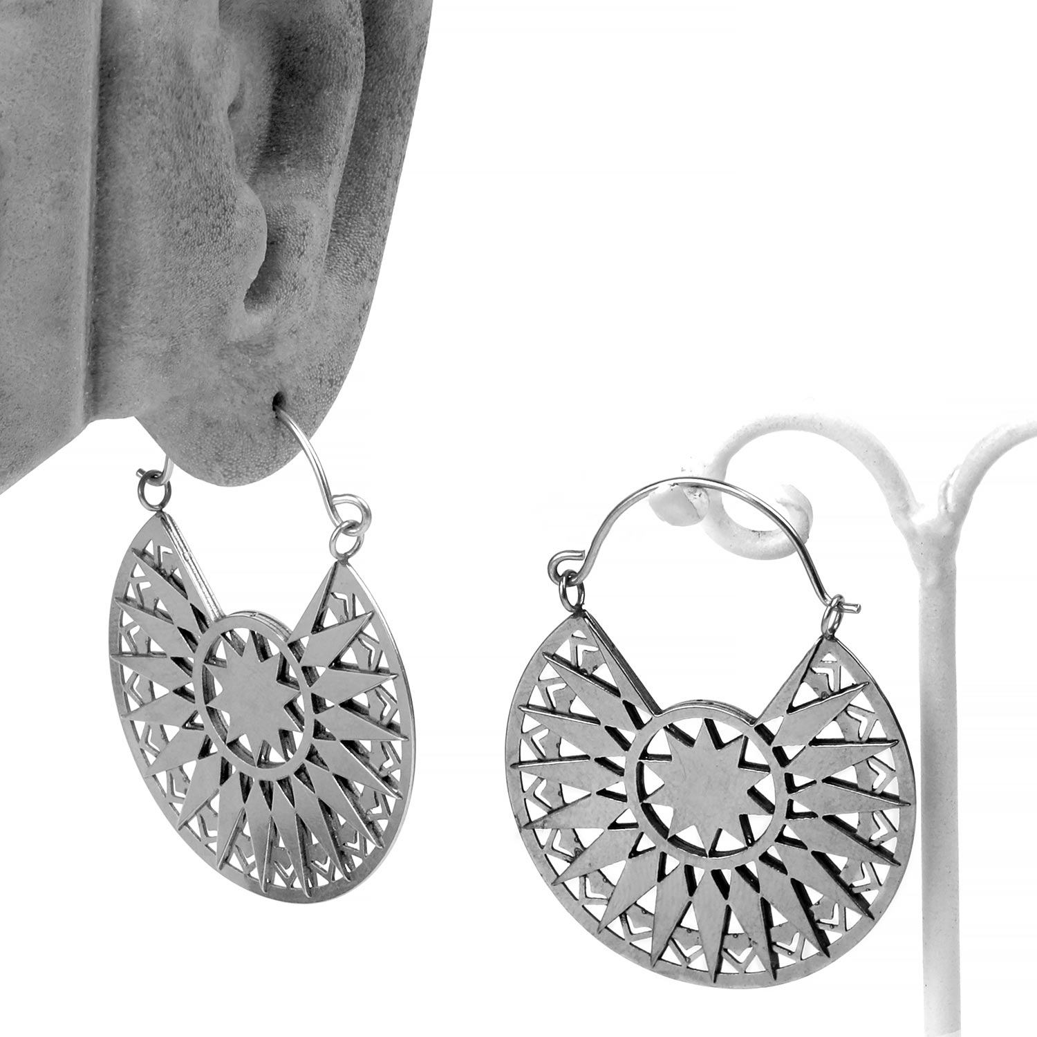 Stainless Steel Angular Orbit Sun Hoops For Ear Piercing