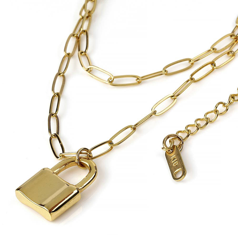 Steel Padlock Layered Necklace Men's Jewelry